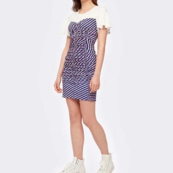 Diane Von Furstenberg Annalise Ruched Mesh Cotton Mini Dress In Gingham - Picture 1 of 12